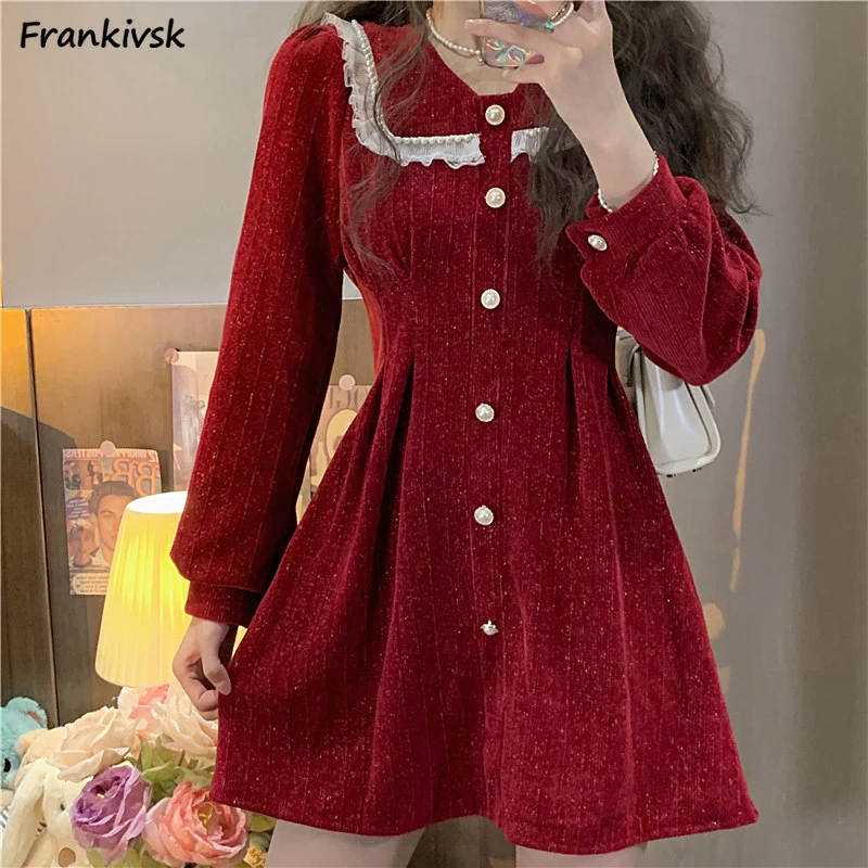 Sweet Dresses Women Corduroy Autumn Winter Temperament A-line Elegant French Style Retro Slim Bling All-match Chic Schoolgirls