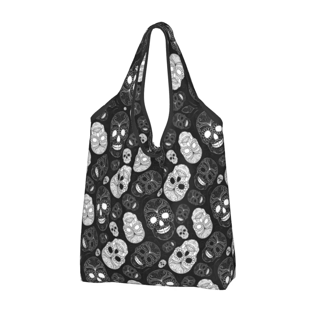 

Custom Sugar Skulls Black And White Shopping Bags Women Portable Large Capacity Grocery Day of the Dead Gothic Tote Shopper Bags