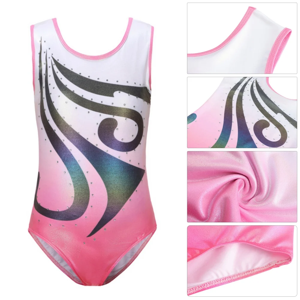 Leotards For Girls 3Pcs Ballet Dance Gymnastics Suit Fashion Gradient Gilding Rhinestone Inlay Bodysuit With Shorts Headband