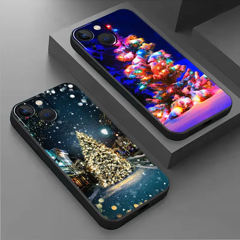 Case For Apple iPhone 15 11 13 Pro Max 14 Plus 12 Mini 7 8 XR X XS 6 6S SE Phone Cover Black Soft Fundas Christmas Trees Shell