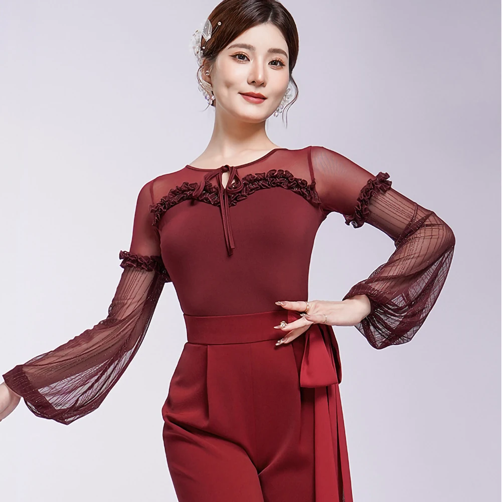 Haut de danse de salon pour femmes, valse, rétro, noir, violet, col rond, Performance d'entraînement, haut de danse moderne pour femmes, nouvelle collection