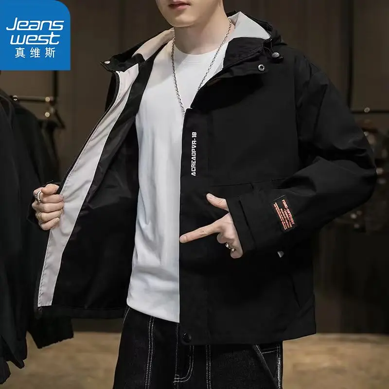 Jeanswest 2023 Multi-styler All-match Men's Coat Spring and Autumn Tooling Fashion Trend All Lapel Jacket Hooded Casual Coat