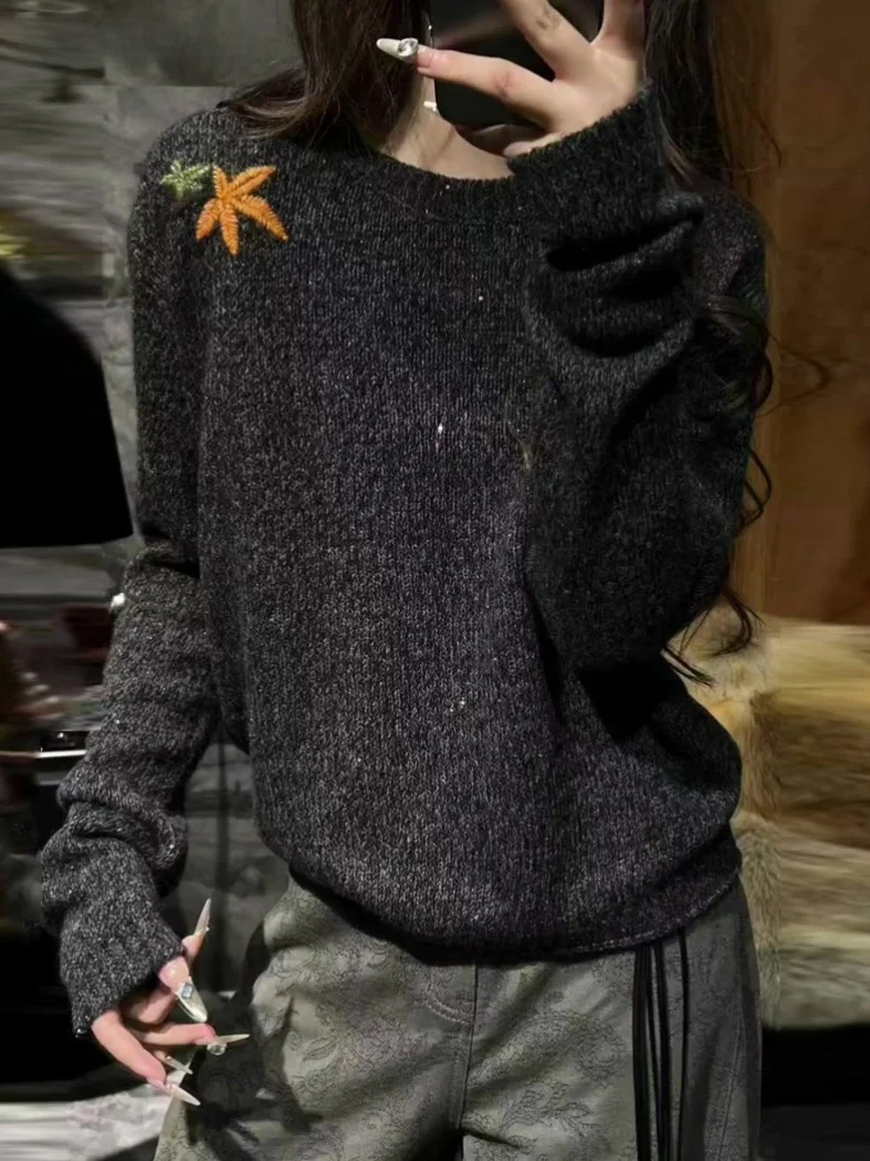 

La Chapelle Lazy High-End round Neck Base Layer Sweater Women's Spring Autumn Winter New Black Grey Knitted Shirt Korean Styl...