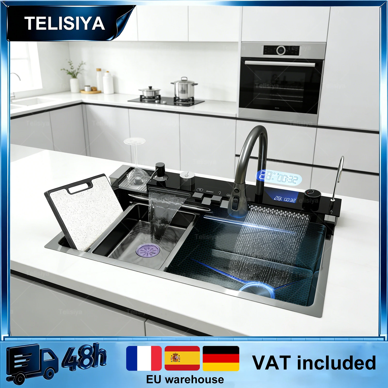 

Современная многофункциональная кухонная мойка из нержавеющей стали с водопадным изливом, большая одинарная чаша, встроенный цифровой дисплей, комплект со смесителем