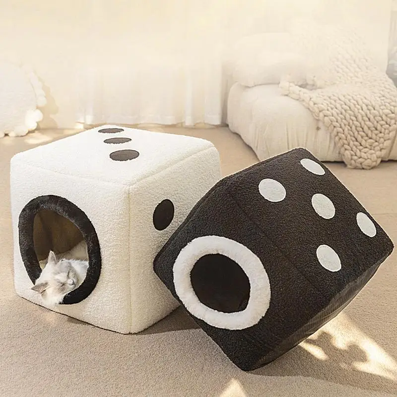 Cat Houses For Indoor Cats Dice Shape Winter Foldable Plush Dog House Soft Pet Bed For Sleeping Resting Napping Portable Cat Bed