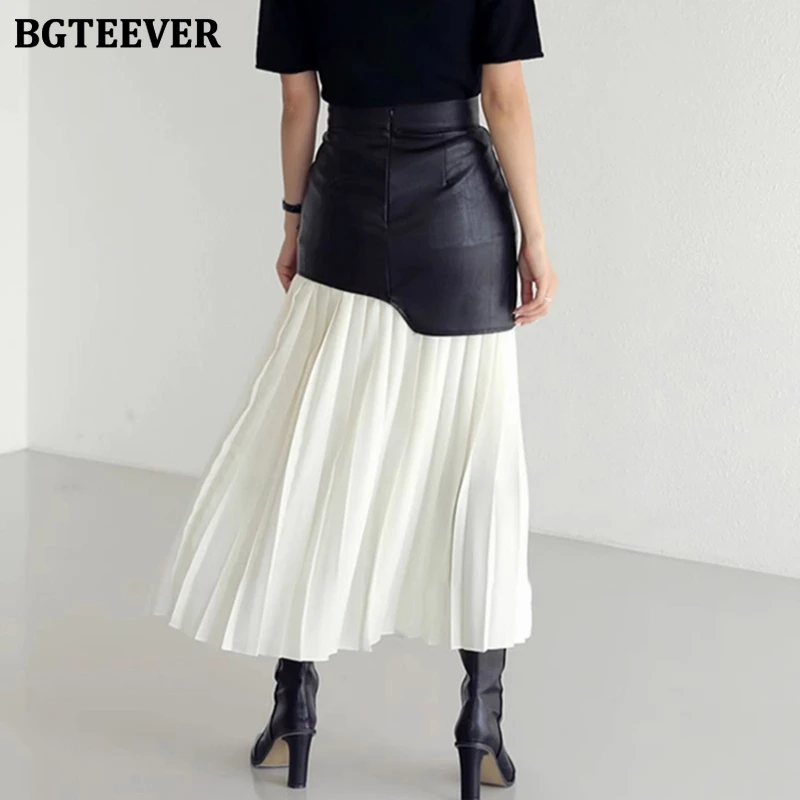 BGTEEVER Stylish Patchwork Ladies PU Leather Skirts Spring Autumn Elegant Loose Women Pleated Skirts