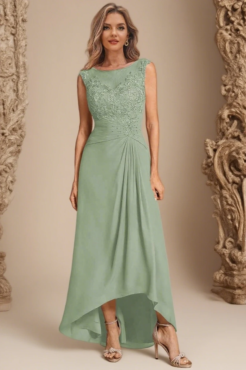 

High Low Mother of The Bride Dresses for Women Chiffon Lace Wedding Guest Dresses Ruched Beaded Formal Evening Gown