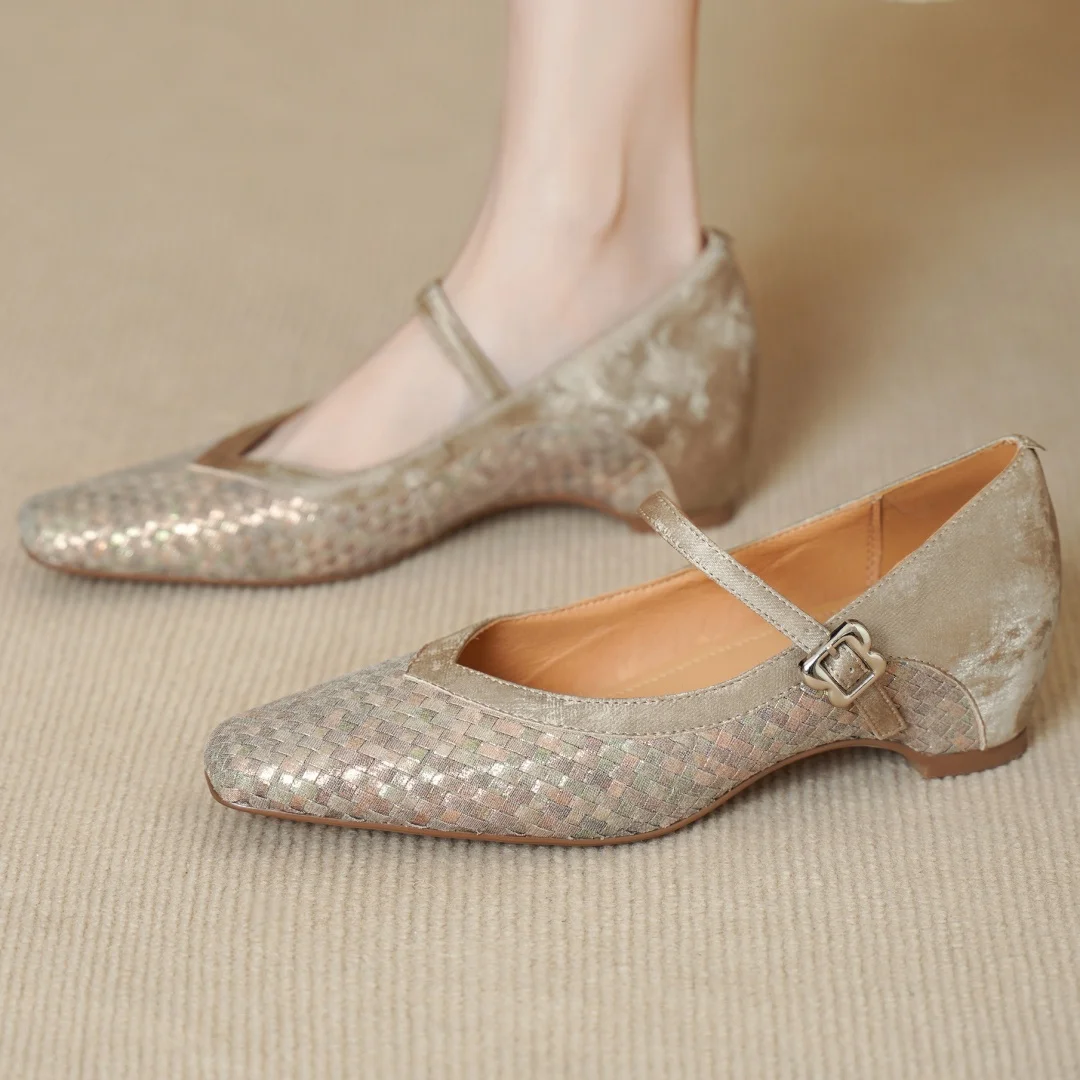 

danxuefei 2026 spring new women's genuine leather patchwork metal buckle square toe Mary Jane pumps 4cm wedge med heels shoes 40