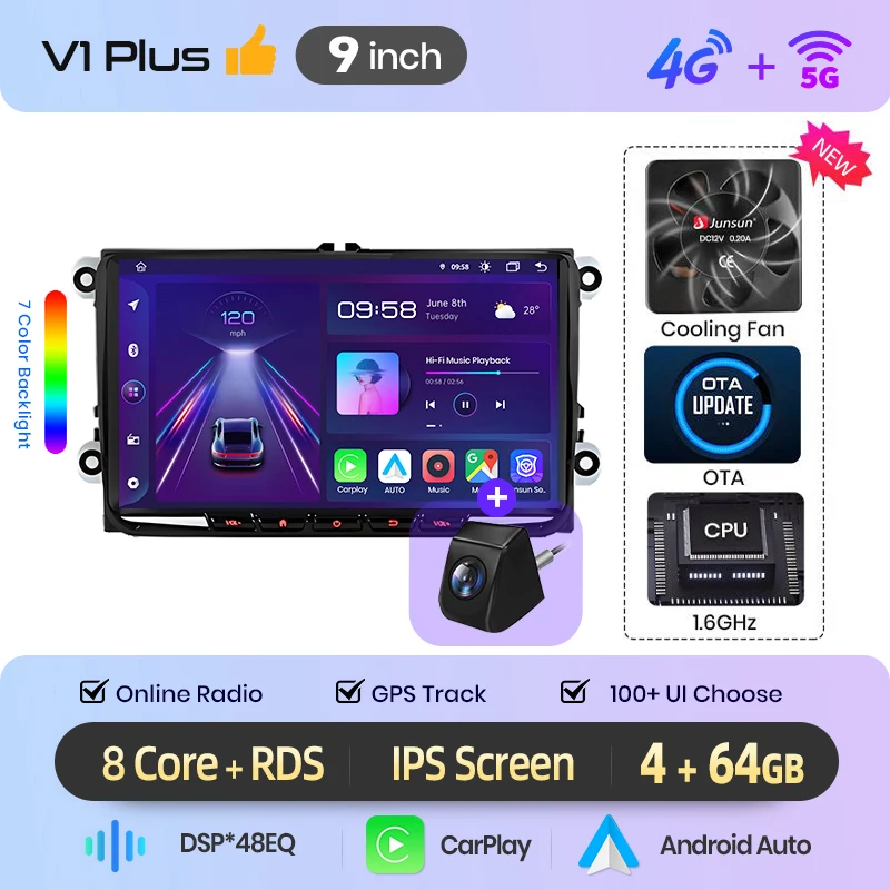 Junsun 7" 9" Android autoradio voor VW Volkswagen Skoda Octavia Golf 5 6 Touran Passat B6 Polo Jetta draadloos voor Apple CarPlay Auto IPS scherm stereo multimediaspeler automotive slimme intelligente