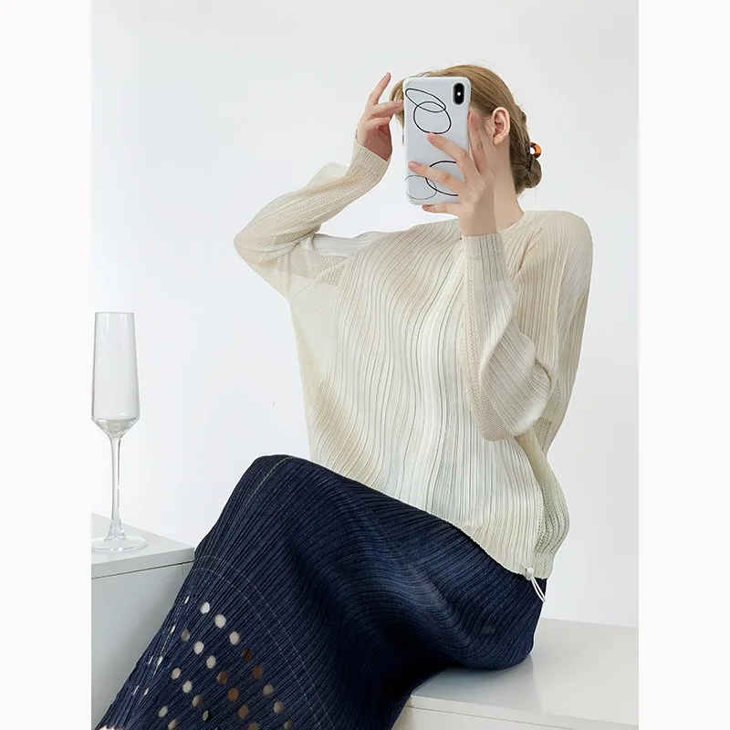 Miyake Geplooide Bovenkleding Ronde Hals Damesjassen Buitenste Mesh Splitsen Korte Rits Zonbescherming Jas Ademende Top Vrouwelijke