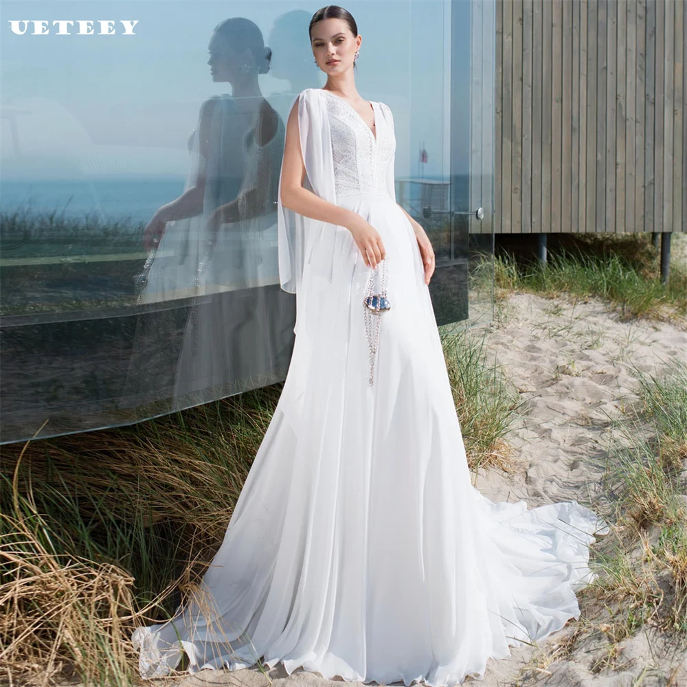 

UETEEY Customized Boho V Neck Sleeveless Appliques A Line Wedding Dress Women Cut Out Open Back Court Train vestidos de novia