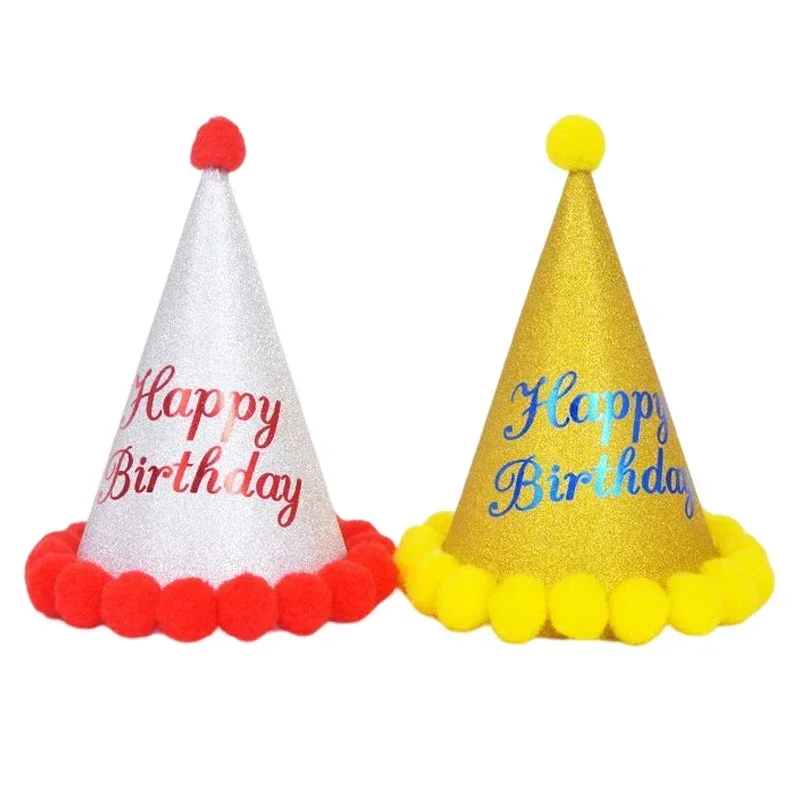 1pc Happy Birthday Party Hats Cute Dot Plush Ball Paper Caps Shower Baby Decoration Kids Adult Birthday Party Decor Supplies