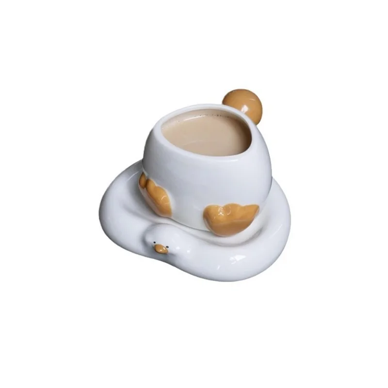 Cute Style Mug,Valentine\'s Day Gift,Ceramic Coffee Cup and Plate Set,Creative Decadent Duck Shaped Water Cup,Desktop Ornament