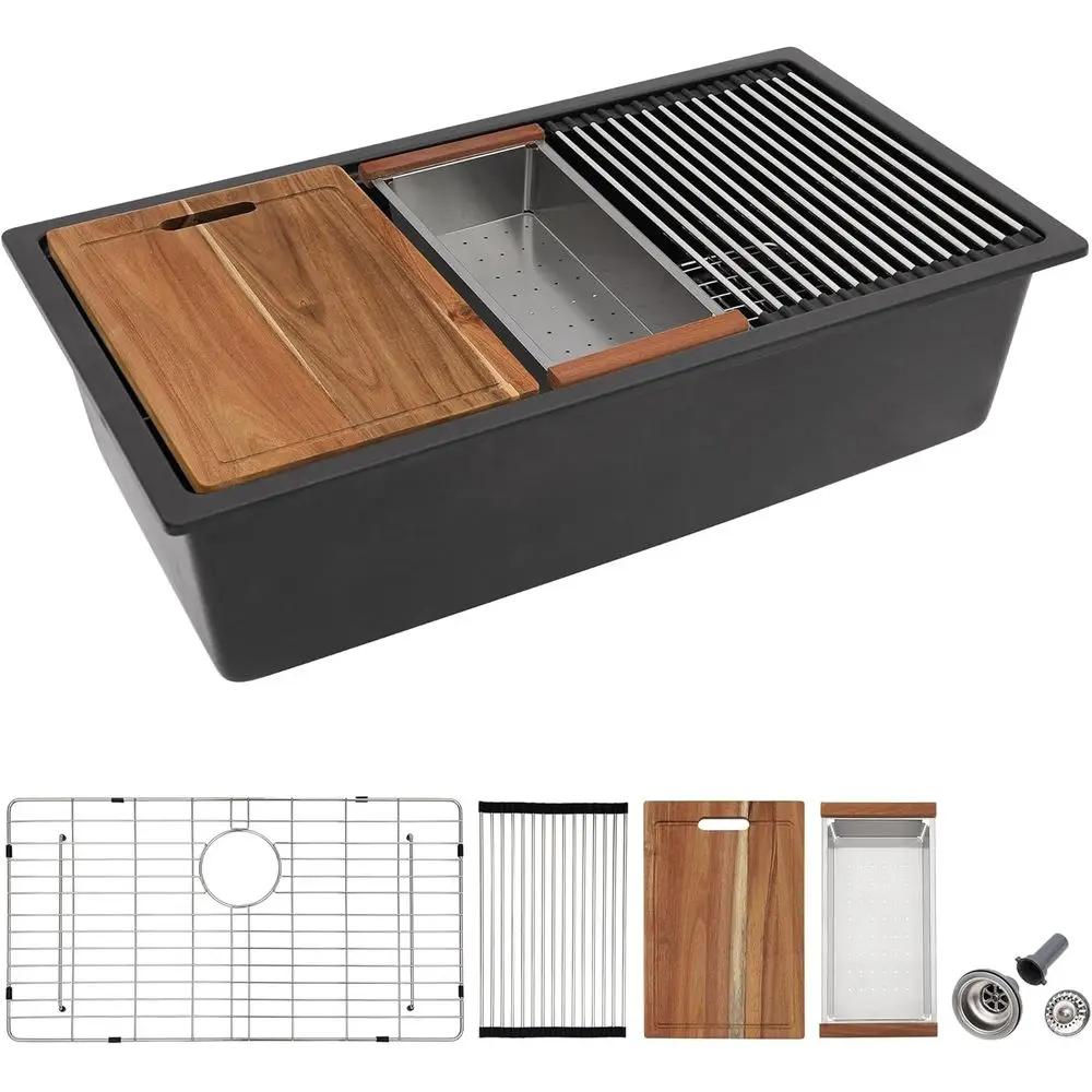 

32x19 Granite Composite Kitchen Sink - Ledge Workstation Undermount Matte Black Quartz Classic Under Counter Single Bowl Sink Ba