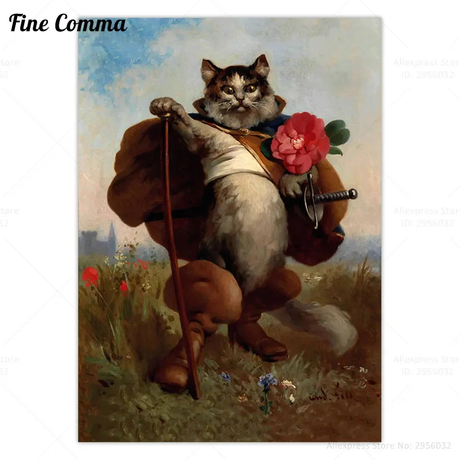 Vintage Poster Puss in Boots Wall Art Canvas Print Antique Cat Oil Painting Le Chat Botte Andre Gill French Fairy Tale Art Decor