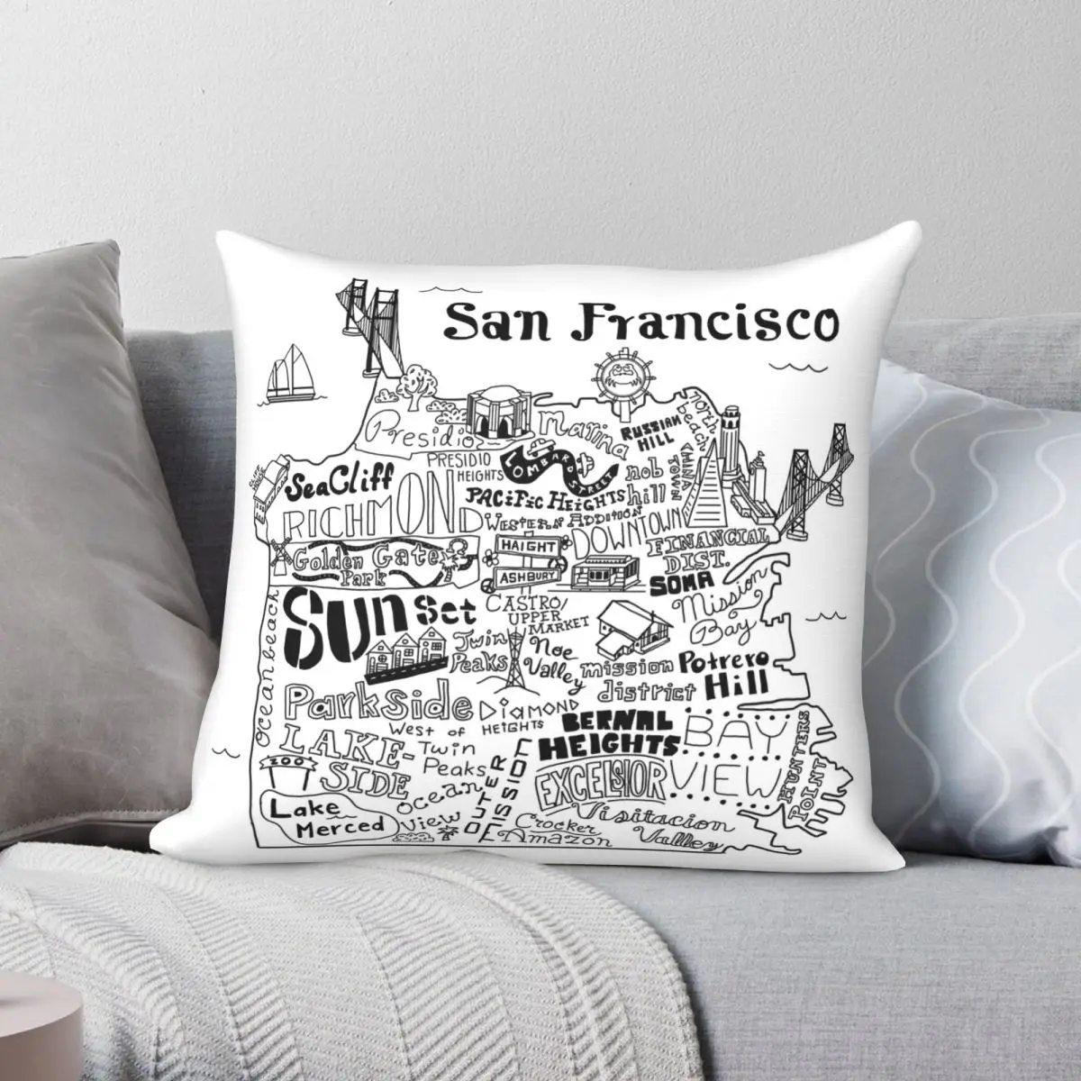 San Francisco Illustrated Map Pillowcase Polyester Linen Velvet Pattern Zip Decor Throw Pillow Case Sofa Cushion Cover 18