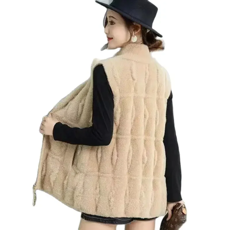 

Middle-Aged Elderly Woolen Women's Coat Resemble Mink Cashmere Vest Fashion Spring Autumn Waistcoat Grandma's Keep Warm Jacket