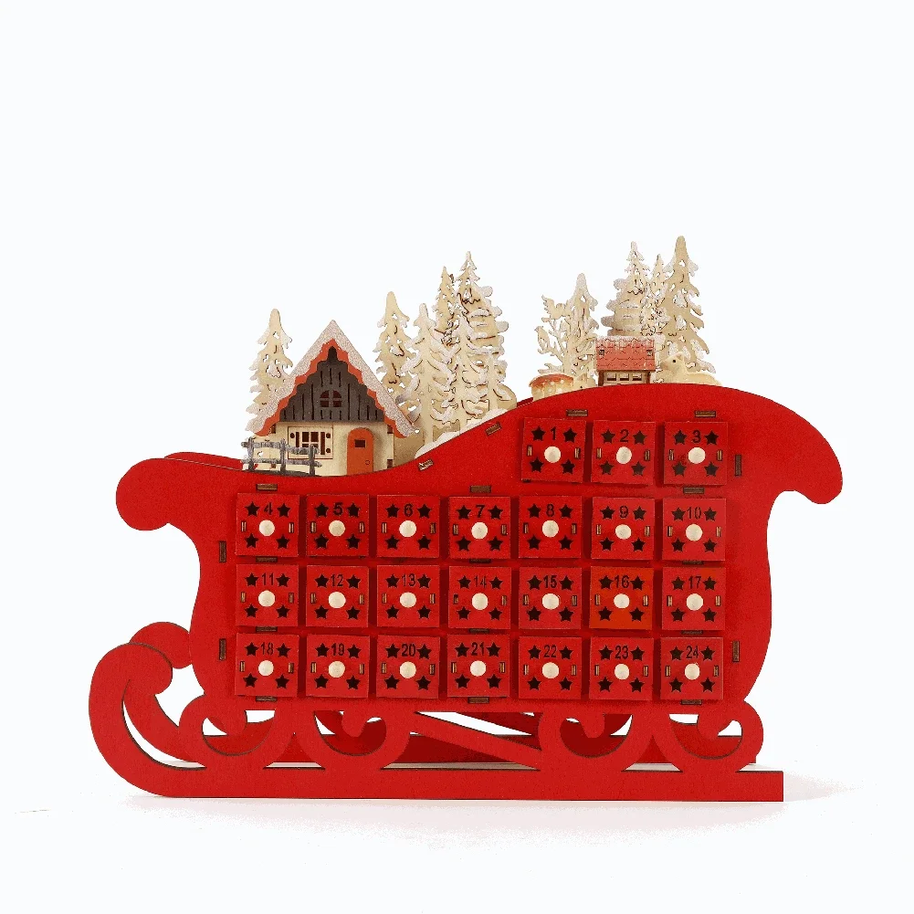 Wooden Advent Calendar with 24 Storage Drawers Christmas Sleigh Countdown Calendar with LED Lights Christmas Tree Party Decor - Image 2