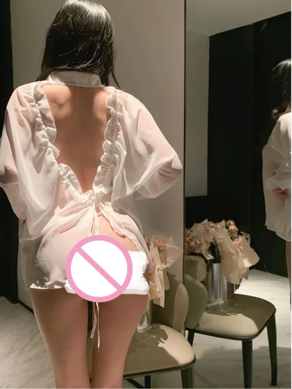 Roupas de moda verão feminina chiffon 2024 nova cor sólida apenas um conjunto manga comprida sem costas plissado camisa transparente 3a2l