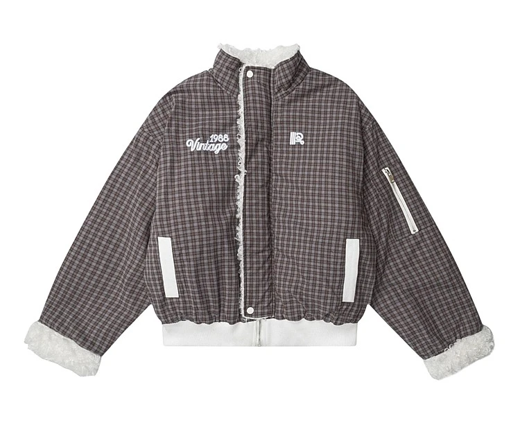 Autumn Winter New Retro Reversible Stand Collar Plaid Coffee Color Cotton Jacket American High Street Gray Men's Lamb Wool Coat