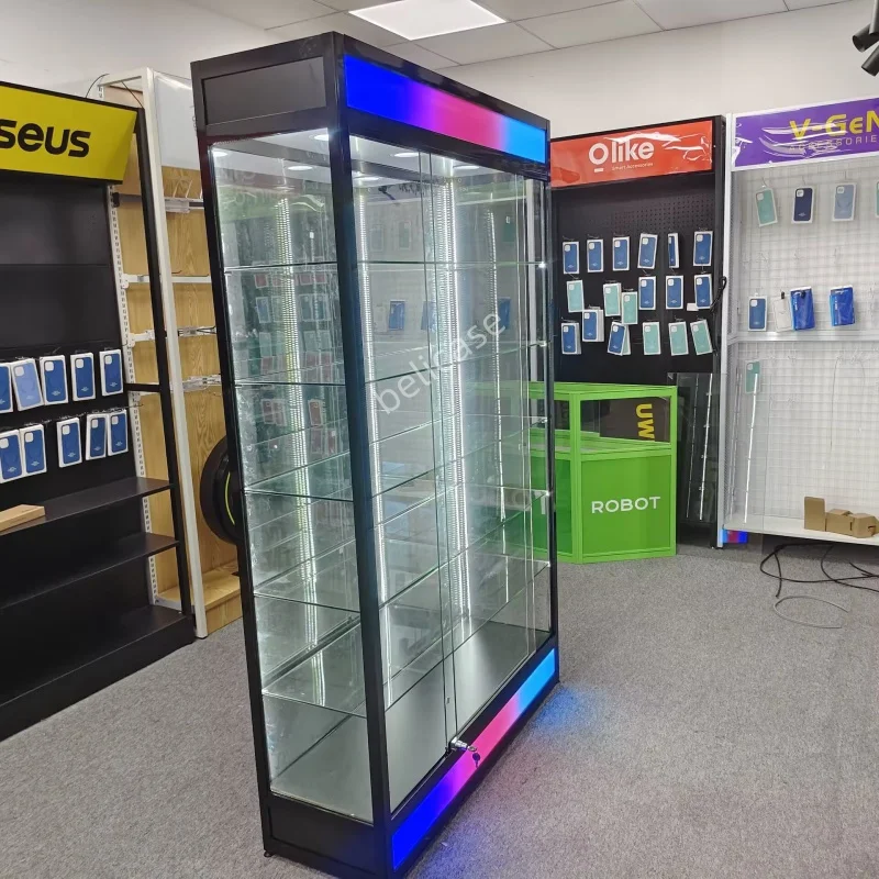 Armário de vidro com luzes LED coloridas Loja de varejo Loja de varejo Frame de alumínio Vitrine para loja de fumaça