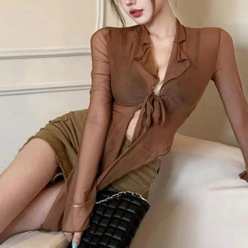 Women Mesh T-shirt Sheer-Bell Long Sleeves Blouse Sexy Slightly Transparent Crop Top Girls Tie Front T-shirt Streetwear