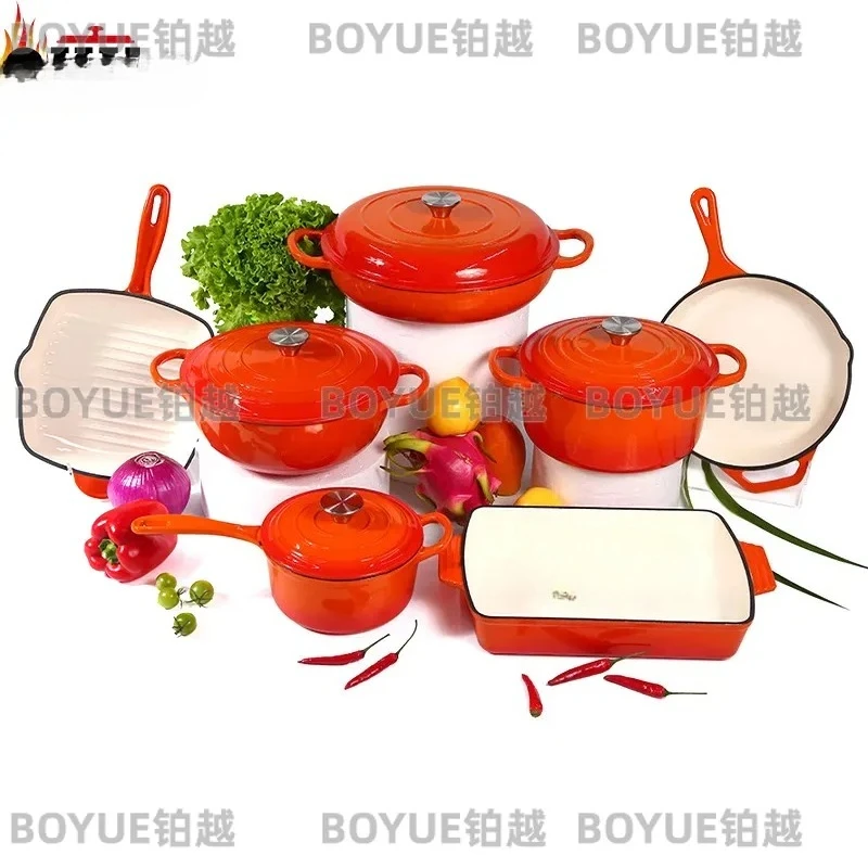 7 Piece Cast Iron Enamel Cookware Set 24cm Soup Stew Pot Frying Pan Non Stick Kitchen Pots and Pans Set for Home Cooking