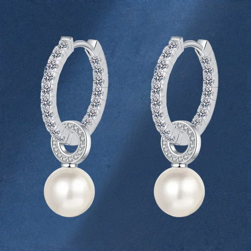 Buttons Women's 1.1ct Moissanite Earrings, 8mm Freshwater Pearl Platinum Pt950 Drop Earrings for Lady Niche Luxury Jewelry