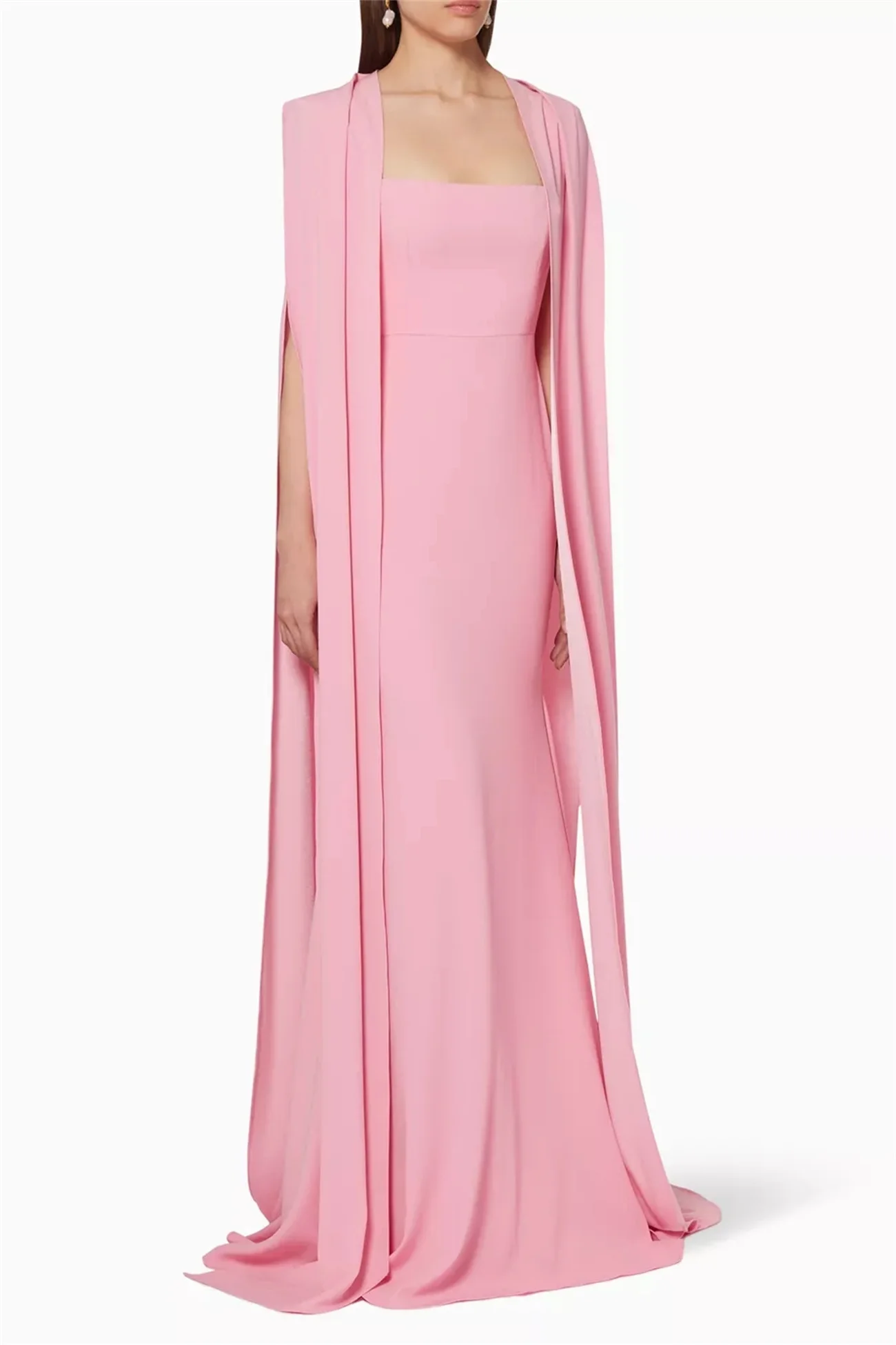 Simple Pink Evening Dress With Floor-Length Cape Sleeves Square Collar Elegant Prom Dress Long Skirt To The Floor Newest