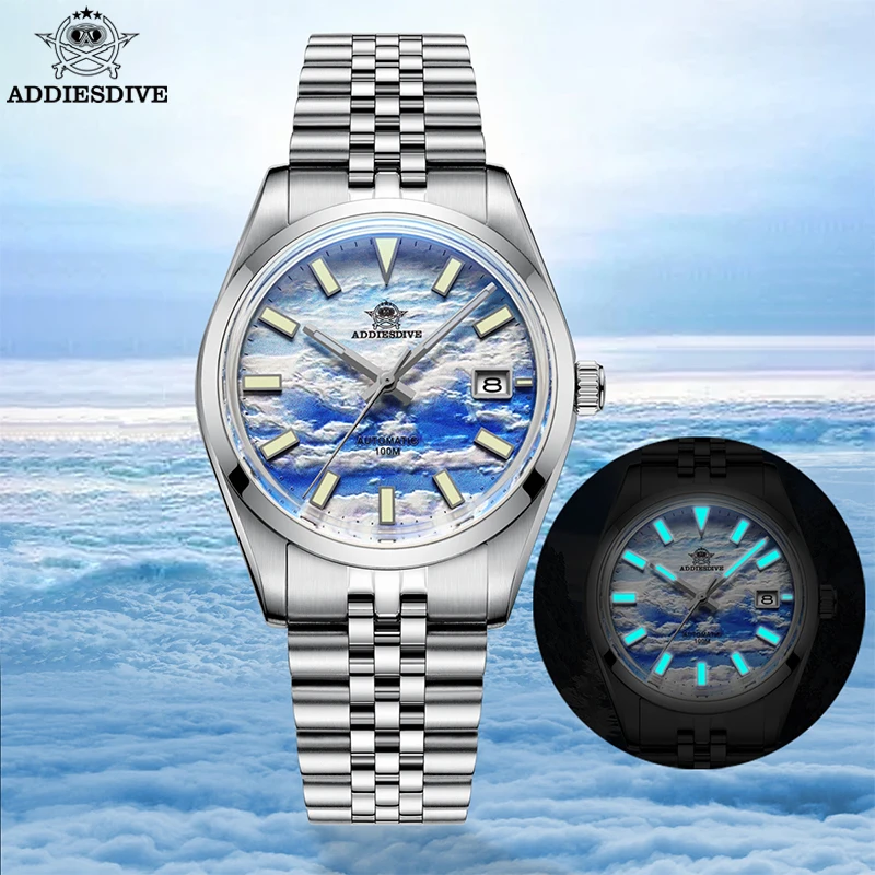 ADDIESDIVE Men's Watch 39mm 3D Cloud Sea Dial BGW9 Luminous NH35 Automatic Mechanical Watches 100M Waterproof Dress Watch AD2041
