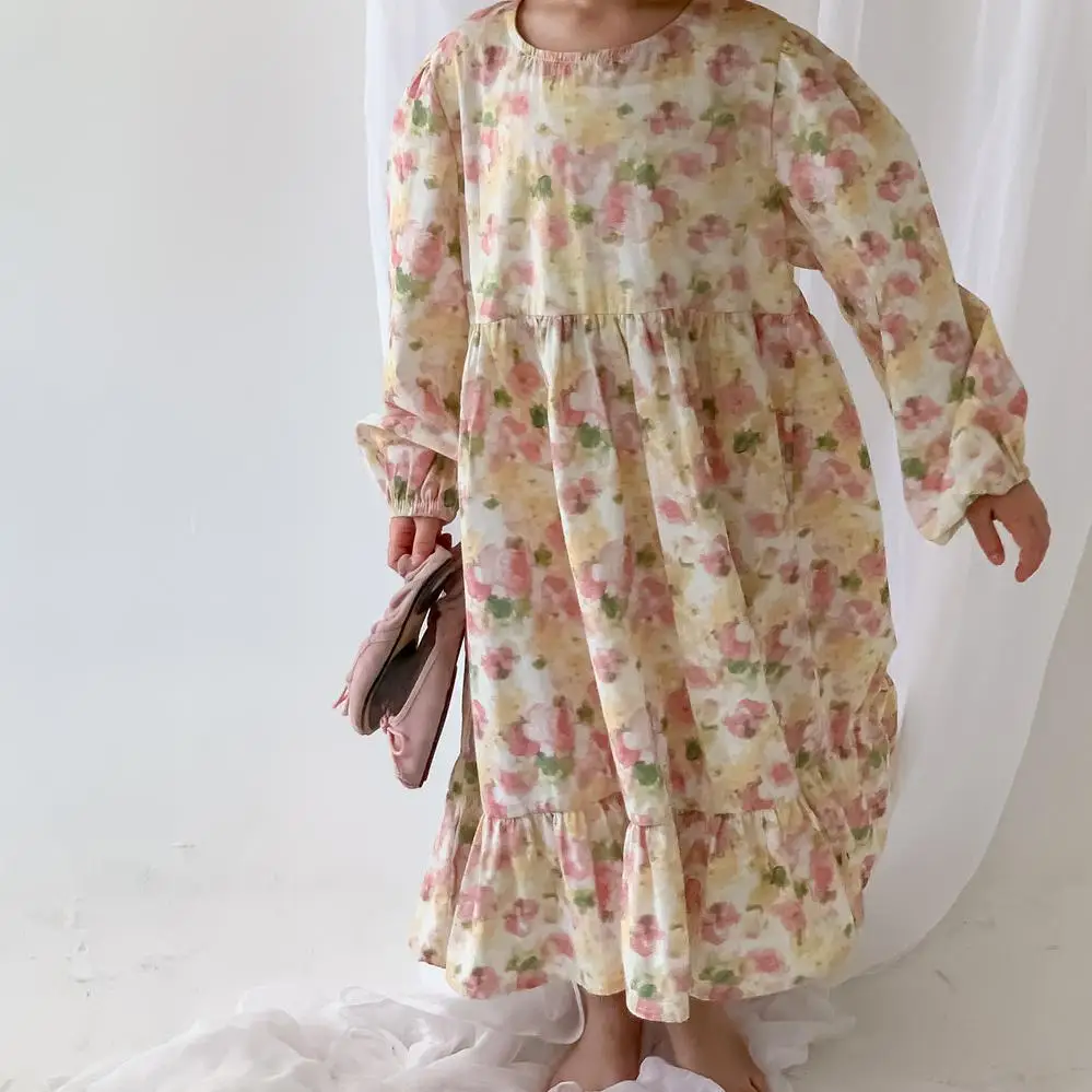 

2024 Spring Autumn Fashion Girl Children Flower Splicing Long Sleeve Casual Party Dress Sweet Baby Print Cotton Princess Dresses