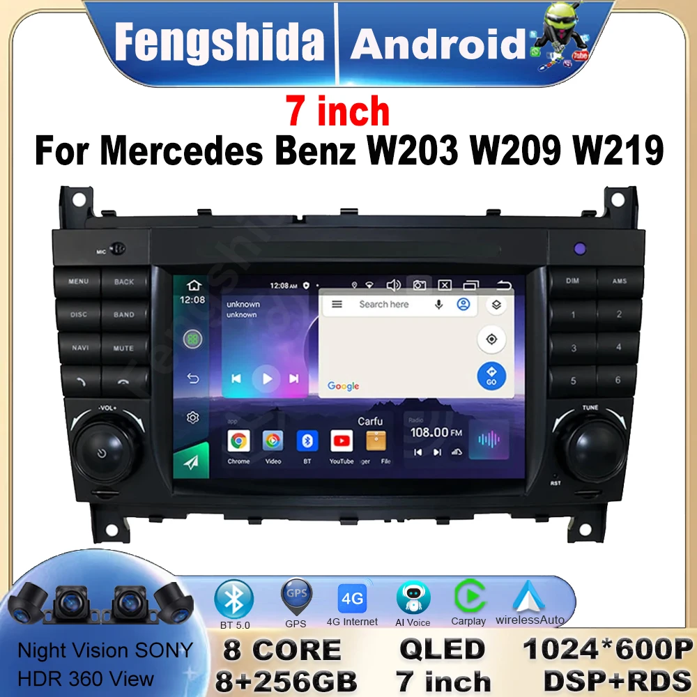 7 Inch Android13 For Mercedes Benz W203 W209 W219 A-Class A160 C-Class C200 CLK200 Multimedia Car Vehicle Autoradio Player 4G