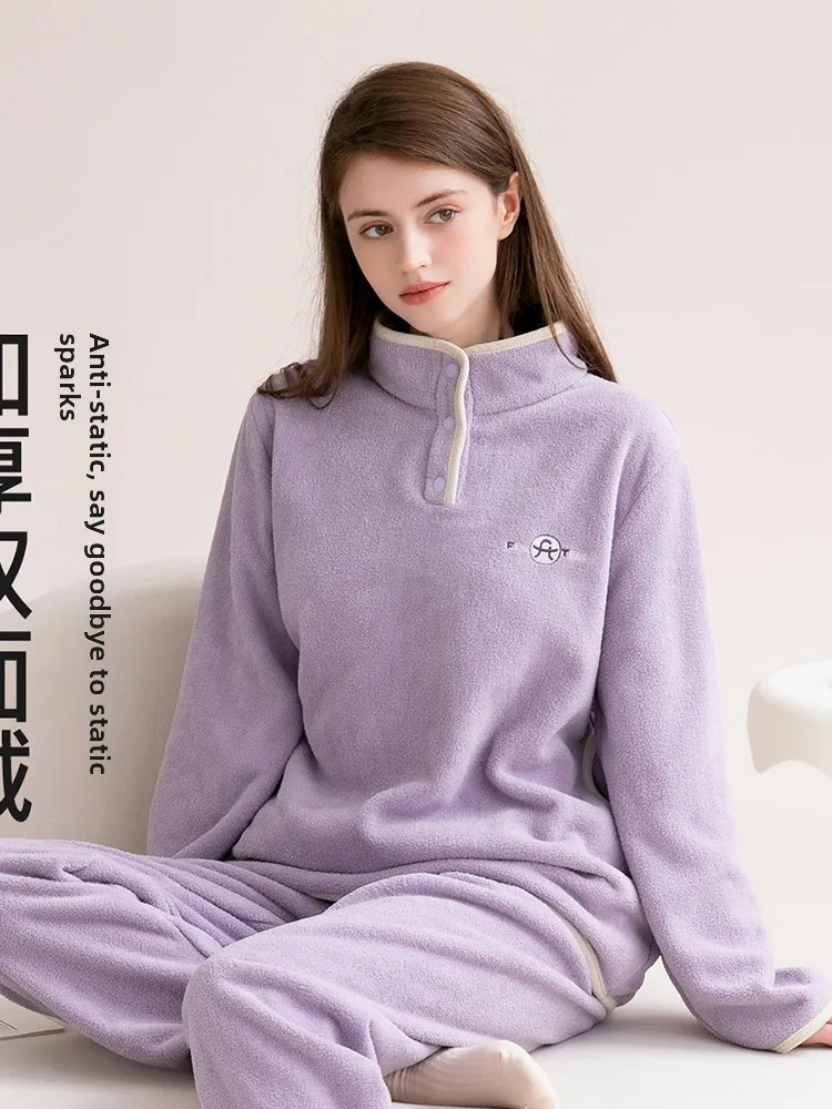 

Антистатическая флисовая пижама FenTeng для женщин: теплая, свободная, с воротником-стойкой, в корейском стиле, осенне-зимняя верхняя одежда