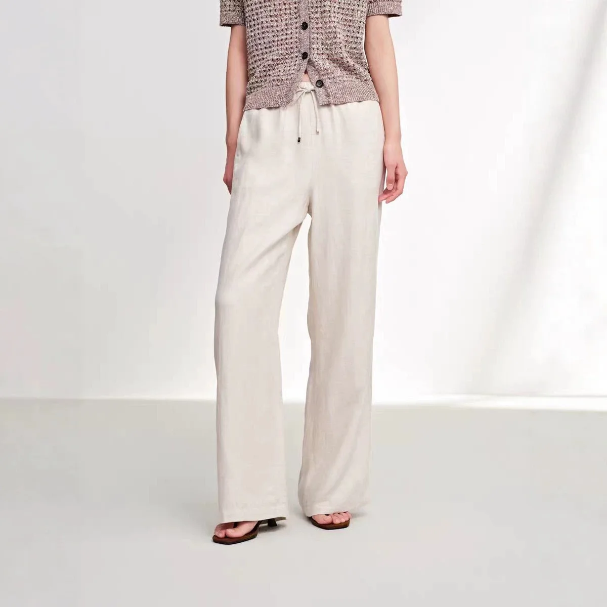 Casual Wide Leg Pants Women's Summer 2026 New Style Linen Drawstring Loose Feelings Long Trousers Comfortable Straight Cut
