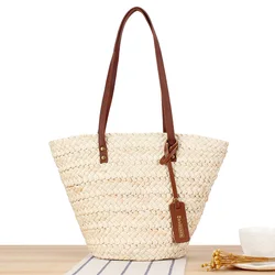 Handmade Corn Husk Weaving Straw Bag 2024 Summer Women's Large Capacity Beach Tote Bag Hand-Woven Travel Handbag with Zipper