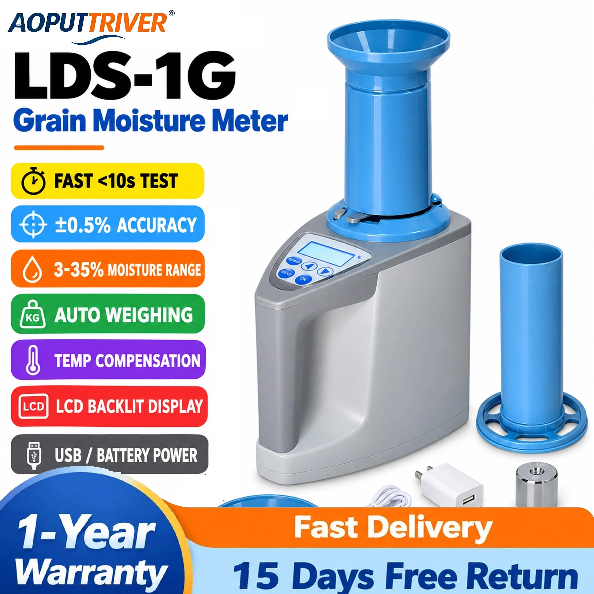 Professional T8-LDS-1G Grain Moisture Meter Tester Analyzer for Wheat Corn Rice Soybean Rapeseed Barley Seed Crop LCD Backlight