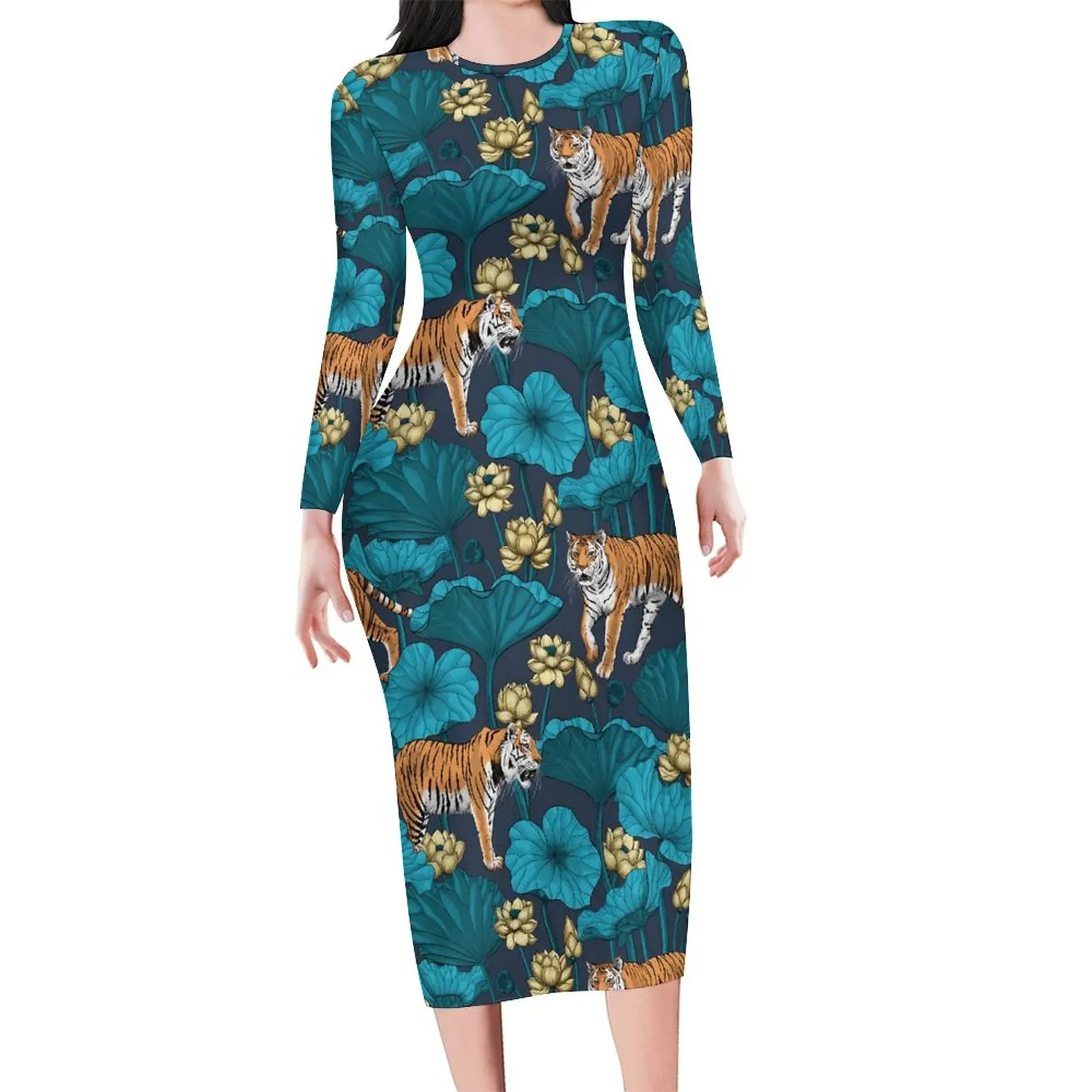 Yellow Water Lily Dress Long Sleeve Tigers Print Fashion Dresses Summer Elegant Bodycon Dress Women Graphic Oversize Vestidos