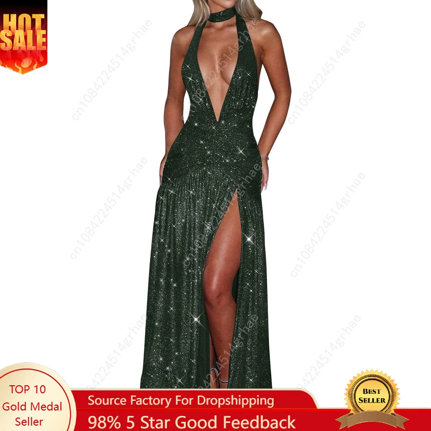

Women's Sexy Deep Halter V Neck High Split Ruched Formal Party Maxi Dress