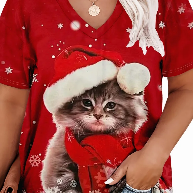 

Women's T Shirt Christmas Elements Cat 3D Print Casual Short Sleeve Top Fashion Street O-neck Pullover Oversized Female Clothing