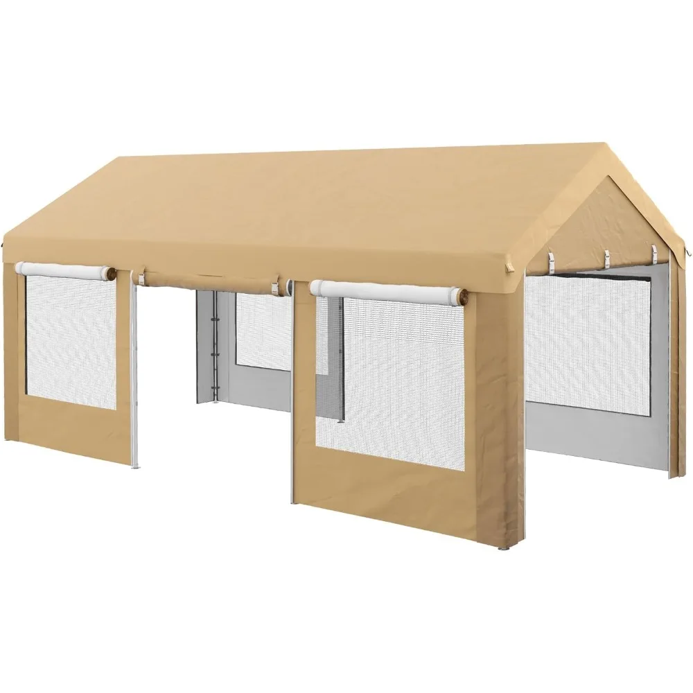 Carport 10' x 20' Portable Garage, Height Adjustable Heavy Duty Car Port Canopy with 4 Roll-up Doors & 4 Ventilated Win