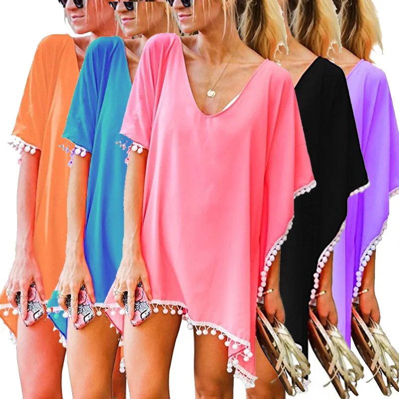 2023 frühling Sommer Urlaub Am Meer Strand Bluse Casual Atmungsaktive Feste Farbe Chiffon Fransen Frauen Strand Rock Bluse