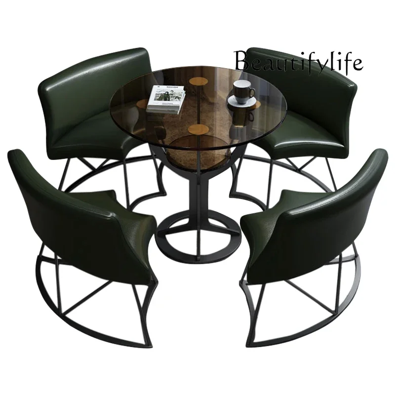 

Двухслойный креативный маленький круглый стол из закаленного стекла для повседневного стола и встреч для обсуждения комбинации стола и стула