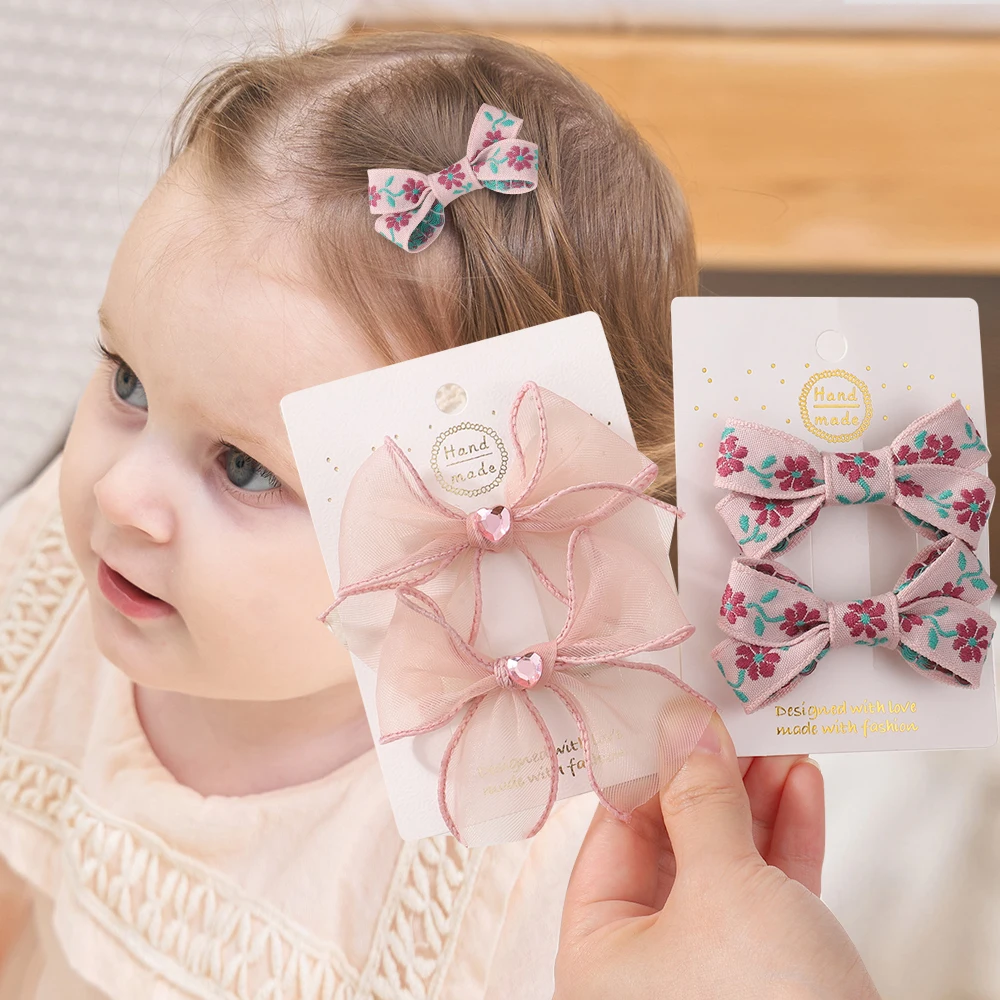 2 Stück rosa Stil französische Retro-Stickerei Schleife Haarspangen für Kinder sanfte Mini-Pony-Haarnadeln niedliche Kopfbedeckung Haarschmuck