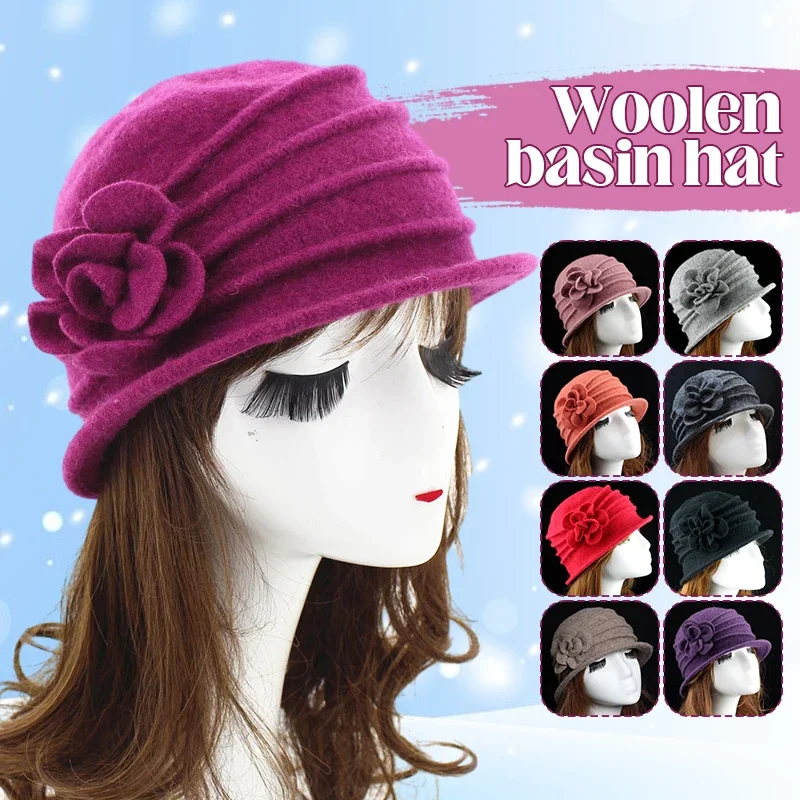Winter Fashion Hat Women Female Warm Wool Fedora Lady Felt Beret Cap Woman Chic Flower Cloche Hat Mother Middle Aged Elderly