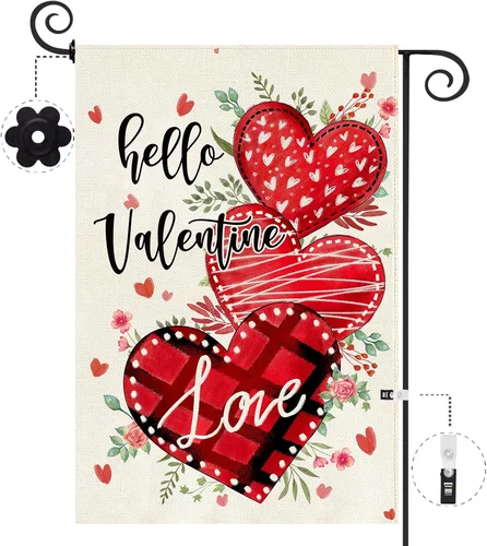 Valentine's Day Garden Flag 12.5x18 Inch Double Sided, Floral Plaid Check Red Pi OOV IIC