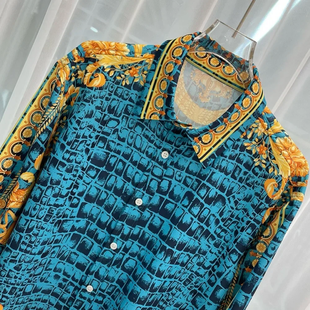 Men's Simple Retro French Classic 3D Printed Shirt Long-sleeved Lapel Light and Breathable Business Casual Party Outer Top