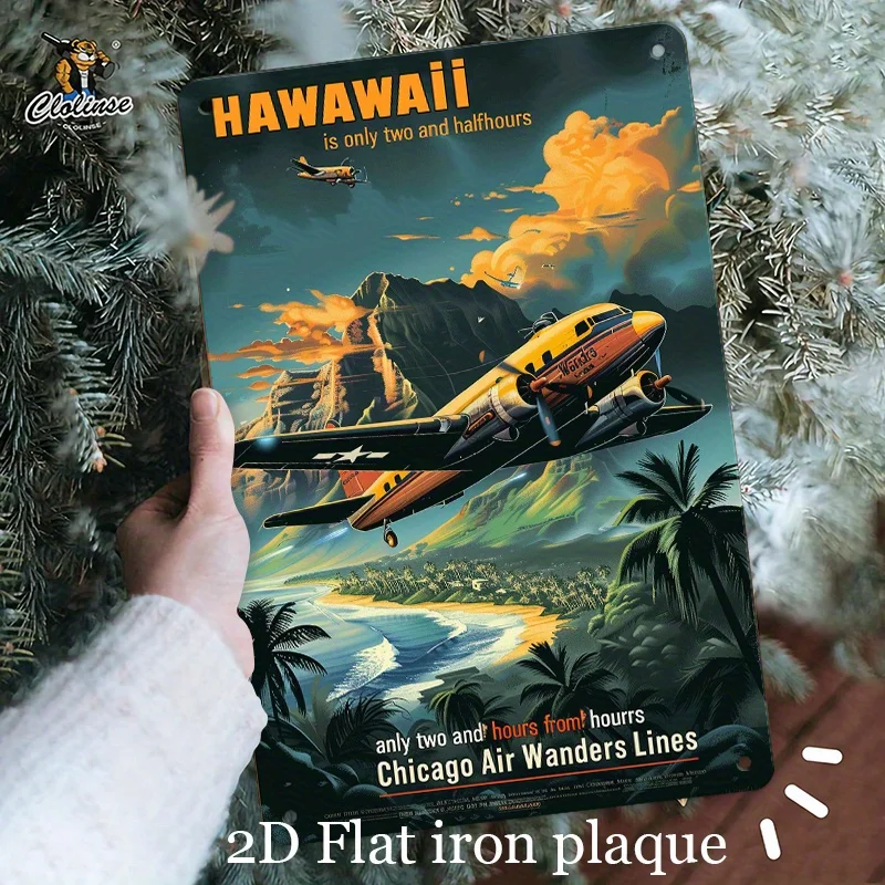 - Hawaii Airplane Poster Iron Metal Sign, , Wall Hanging Decor with Scenic Hawaiian Landscape, Trees & Beaches, Art Deco Style,