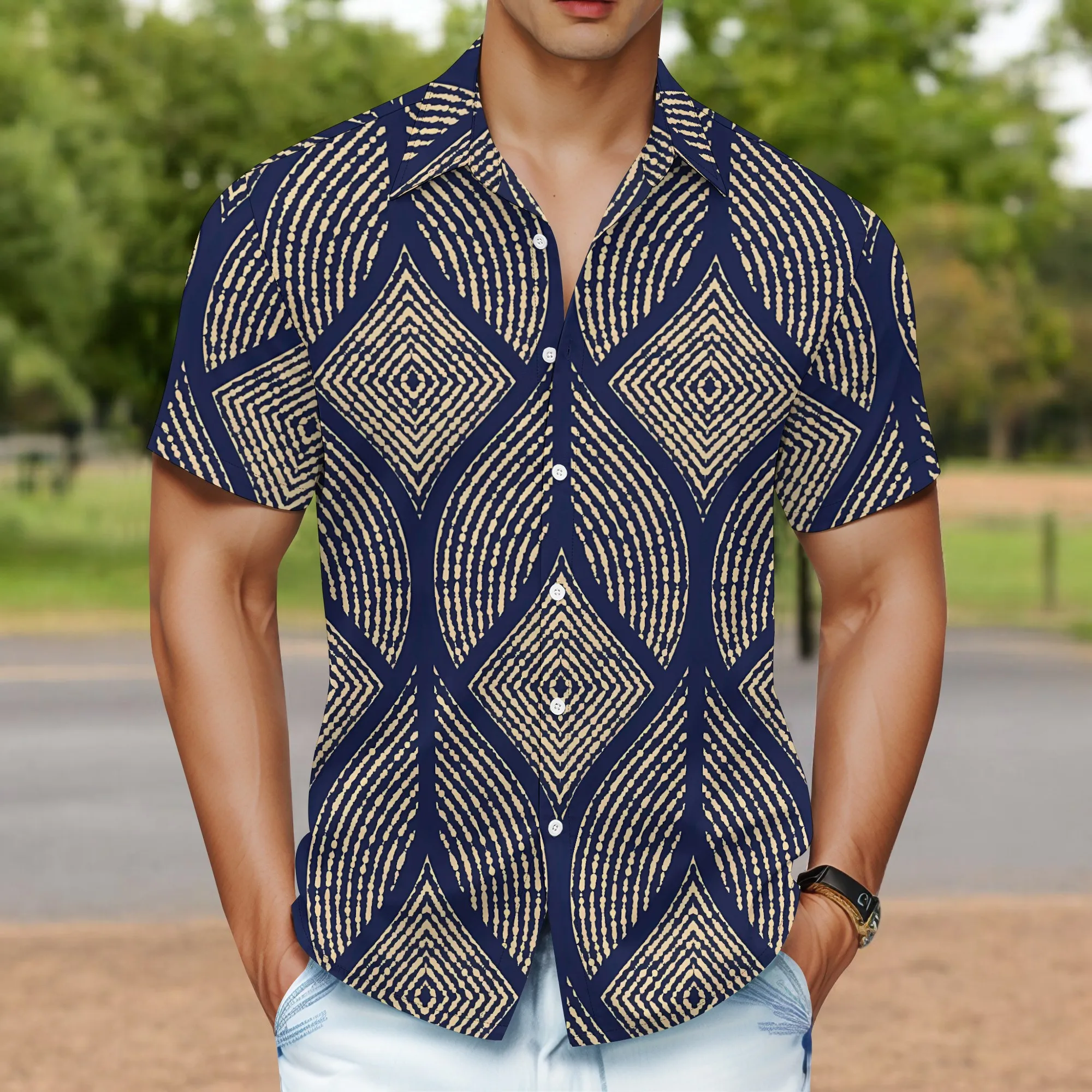 

YEAE Diamond Stripe Print Shirt for Men Summer Casual Short Sleeve Top