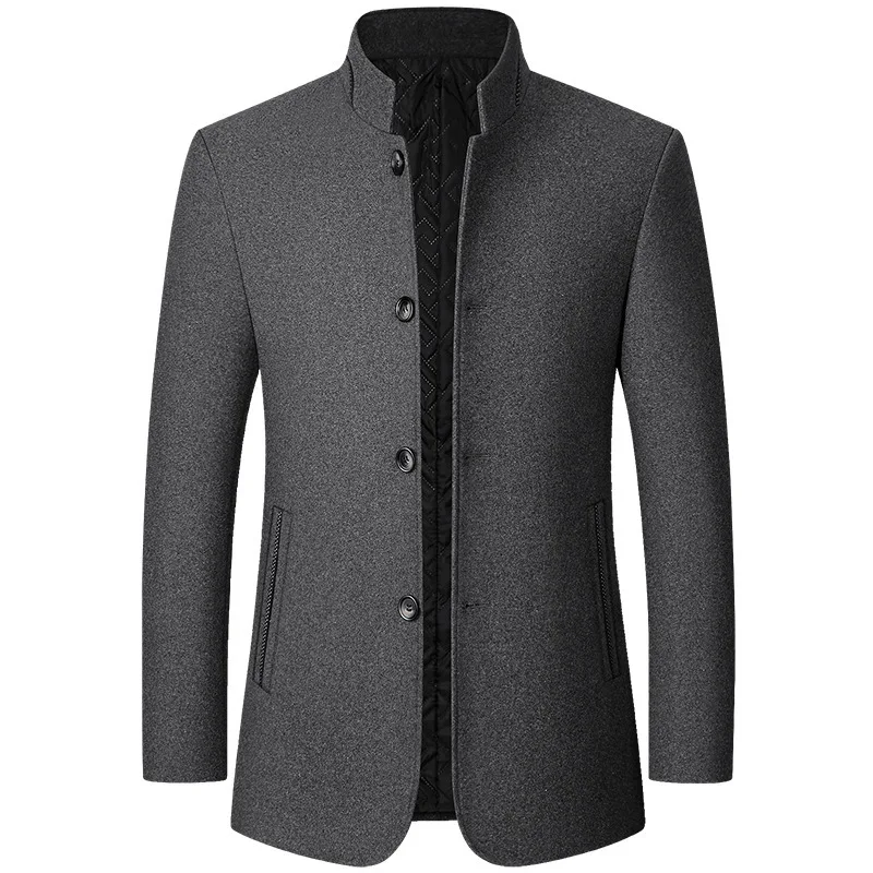 Abrigo de lana de estilo chino para hombre, chaqueta informal de negocios, abrigos sólidos con cuello levantado, otoño e invierno, 2024