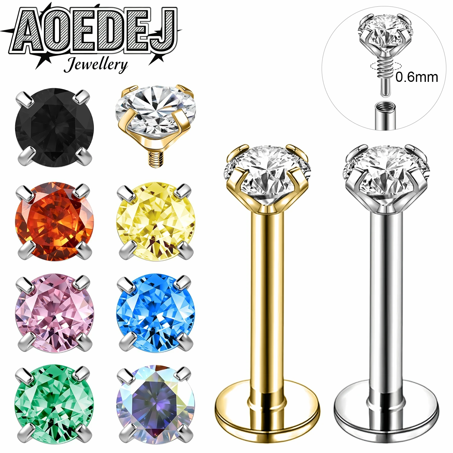 AOEDEJ 1 PC-10pcs/lot 20G Stainless Steel Labret Lip Studs 3MM Zircon Stud Earrings Colorful Accessory Head Tops Helix Piercings